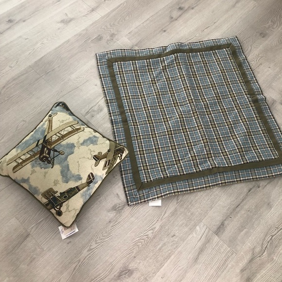 NWT Eastern Accents Plaid and Airplane Pillow Set 14” AND Euro Square Green Blue - Picture 1 of 9